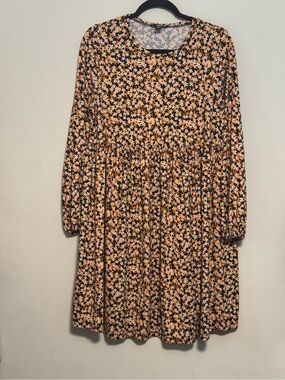 New Look Maternity Black Floral Dress with Peach & Mustard Accents Sz 10